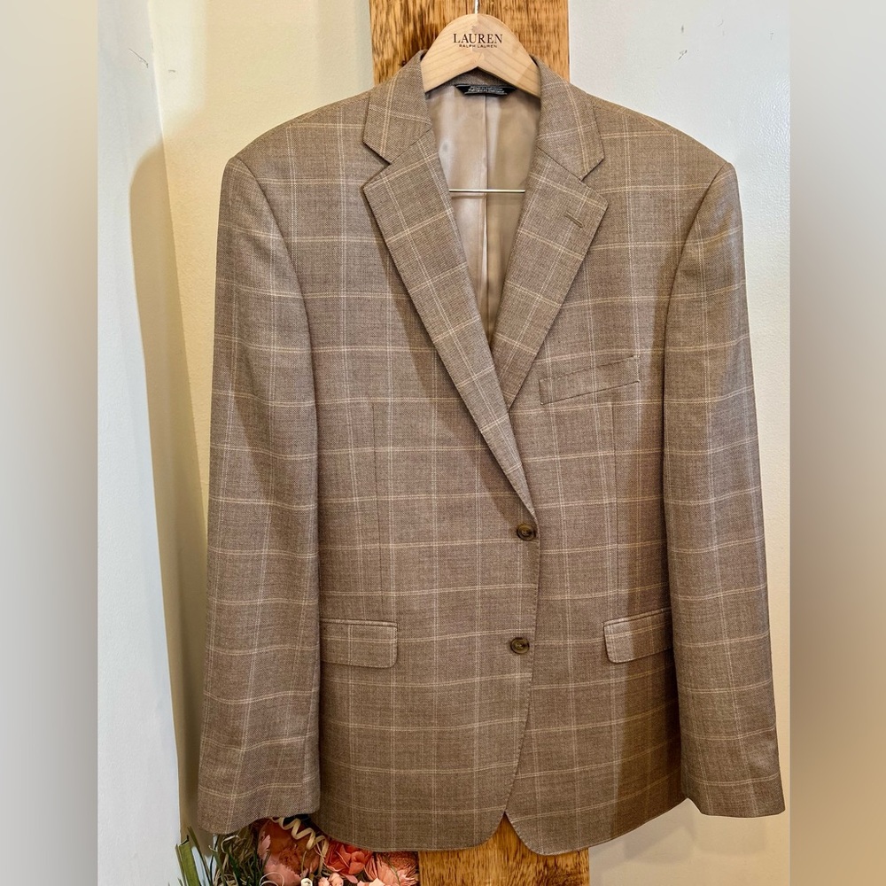 Saks Fifth Avenue Silk/Wool Tan Plaid Blazer